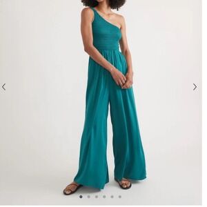 Marine Layer Archive Tessa Jumpsuit One Shoulder Smocked Wide Leg Teal large